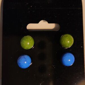 Two Pairs of Rounded Stud Earrings - Jade Green & Sky Blue